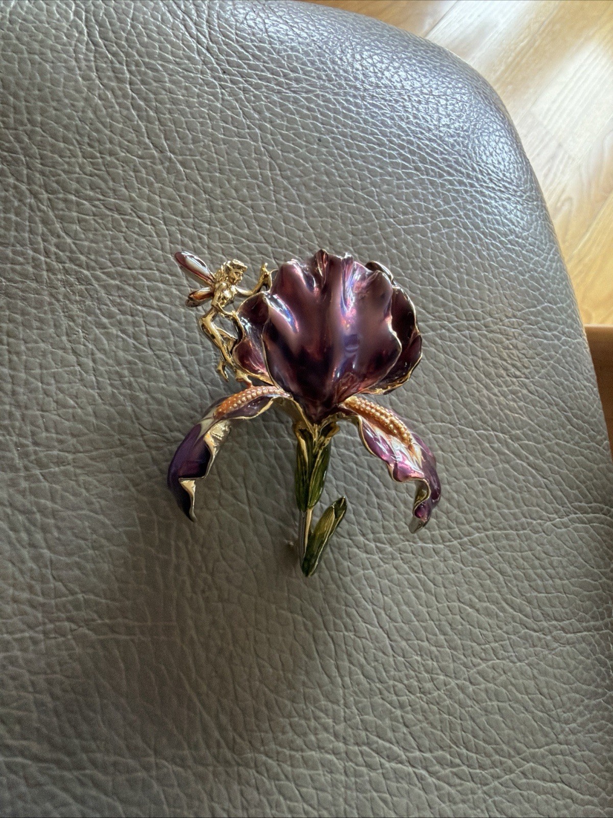 Vintage Large Kirks Folly Purple Enamel Orchid Brooch With Golden Fairy Signed