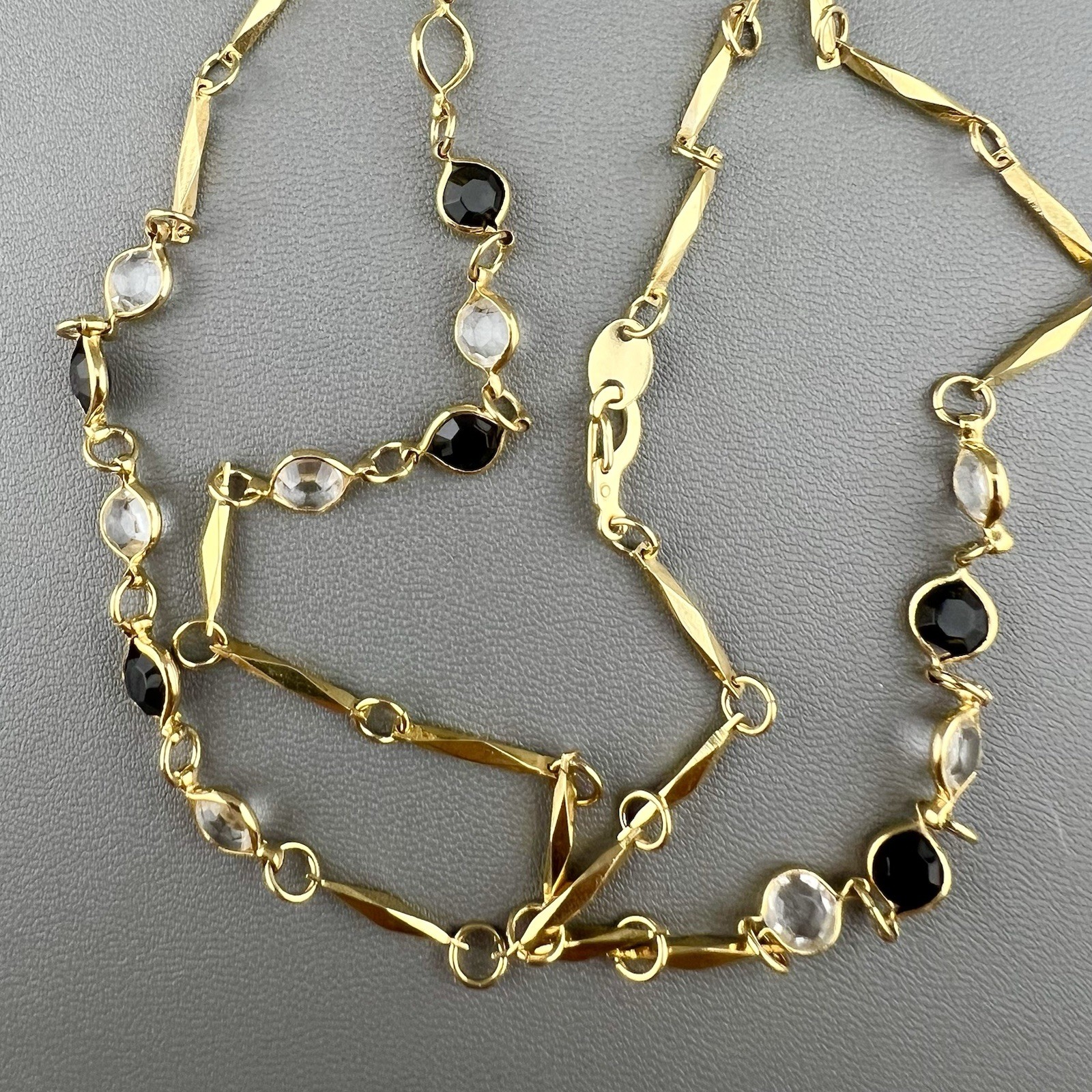 Vintage Chain Necklace Faceted Crystal Bezel Set Bar Link Gold Tone 23”