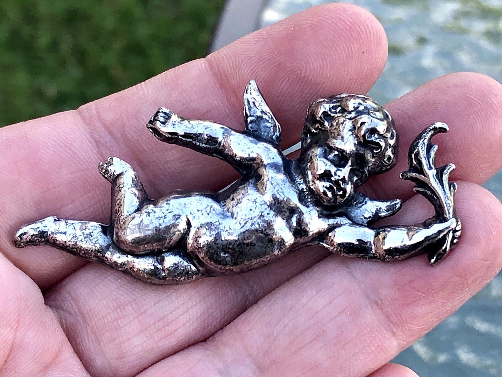 2 Vtg Zentall Cupid Pin Brooches- Baby Cherub Silver & Gold- One Signed Designer