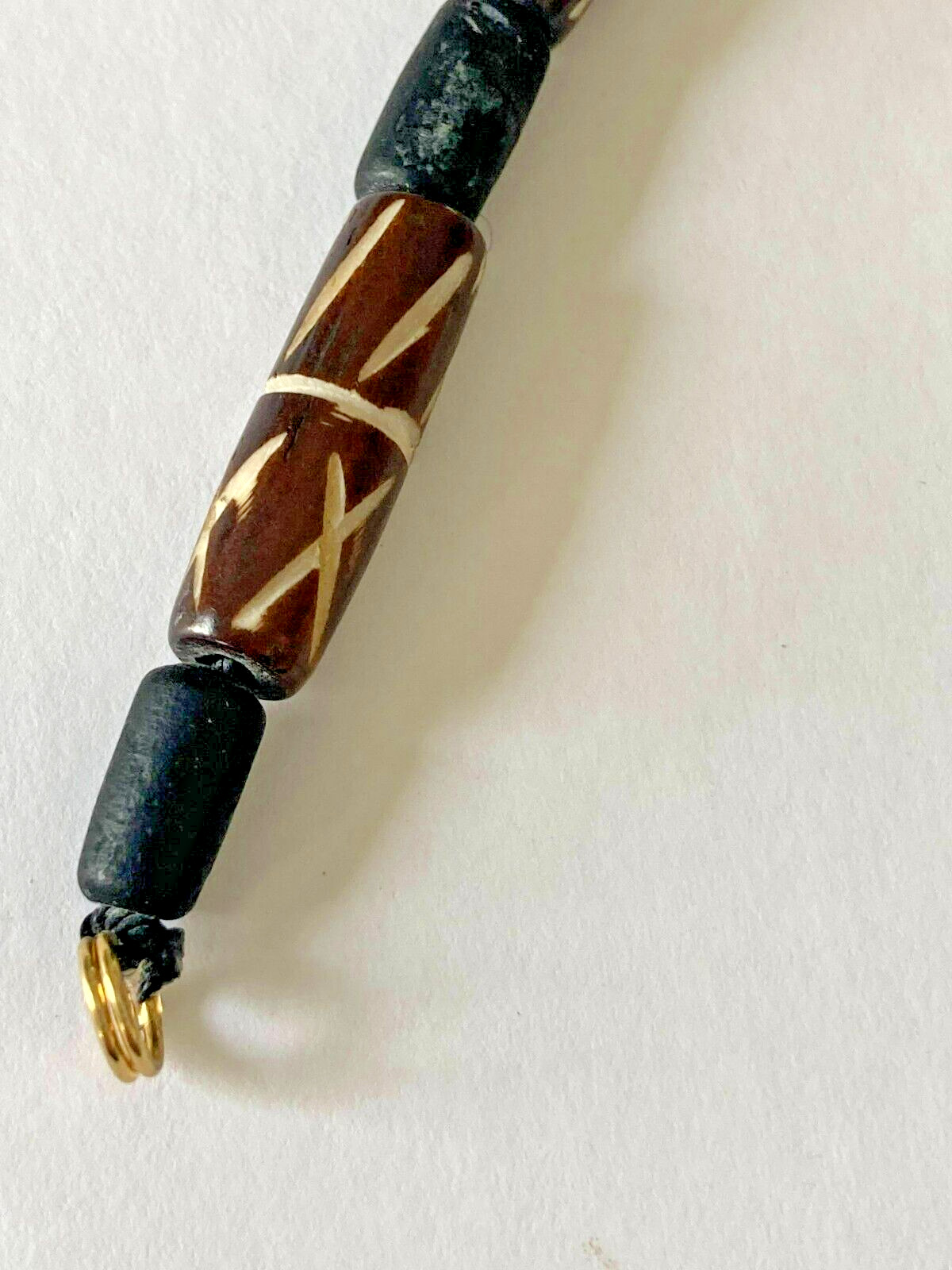 Hand Beaded Vintage Carved Wood and Black Ceramic 7.5-inches