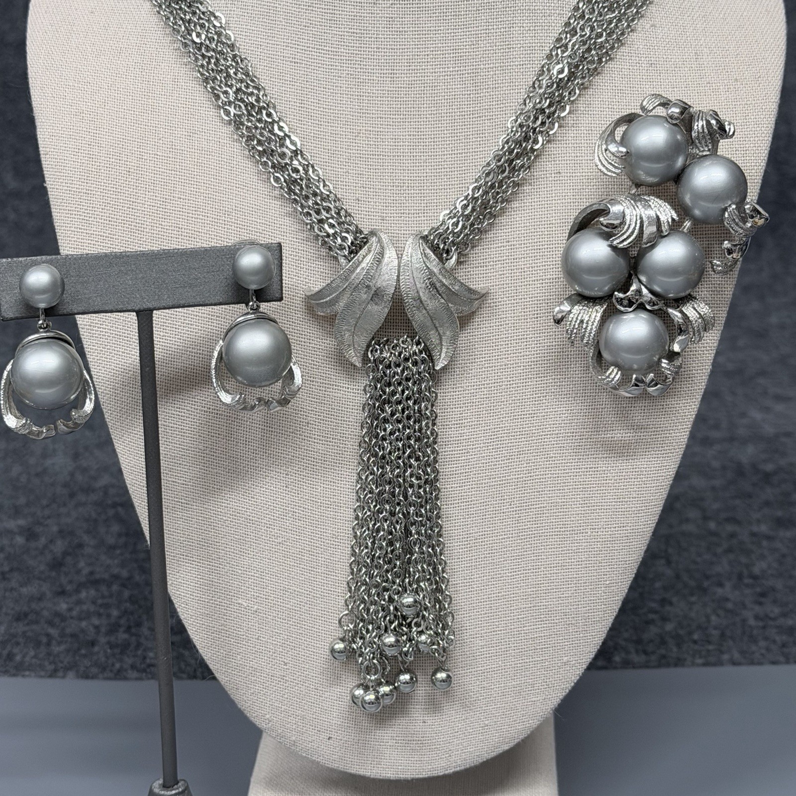 Vintage Tassel Necklace Multi Chain Gray Faux Pearl Clip Earrings Brooch Set