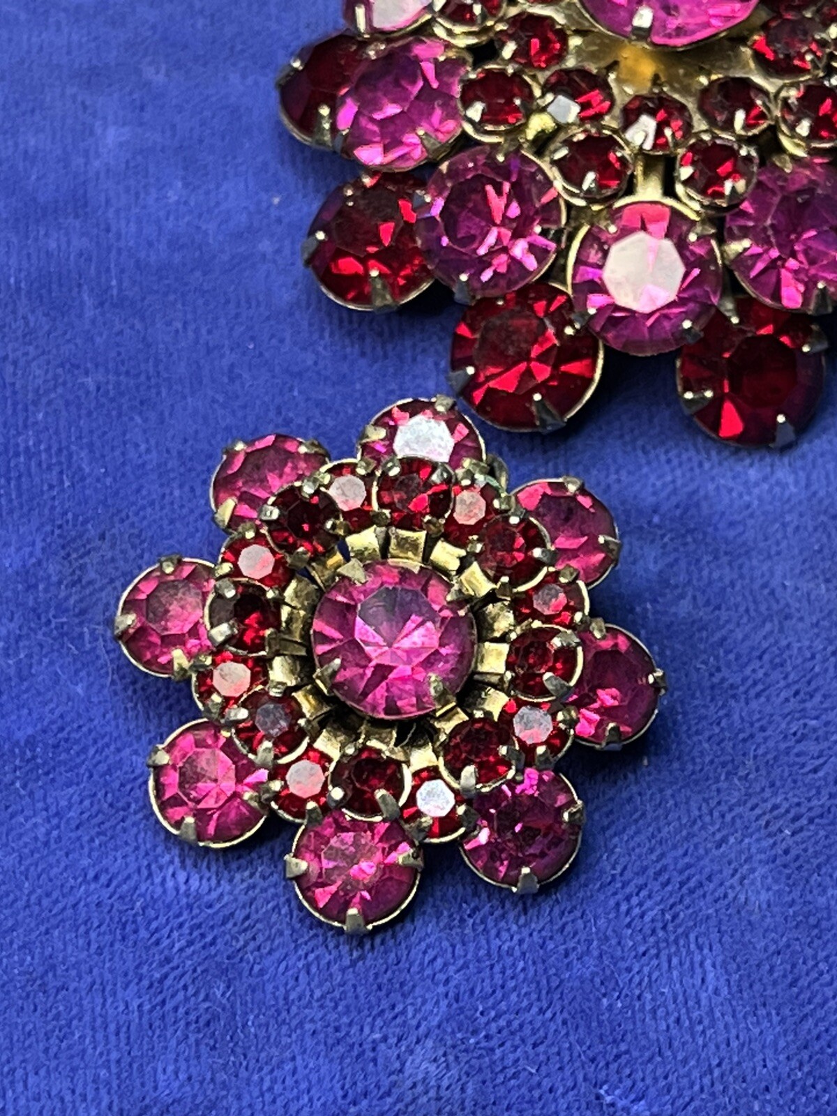 Vintage Rhinestone Dome Brooch Crystal Fuchsia Pink Red Garnet Layered Earrings