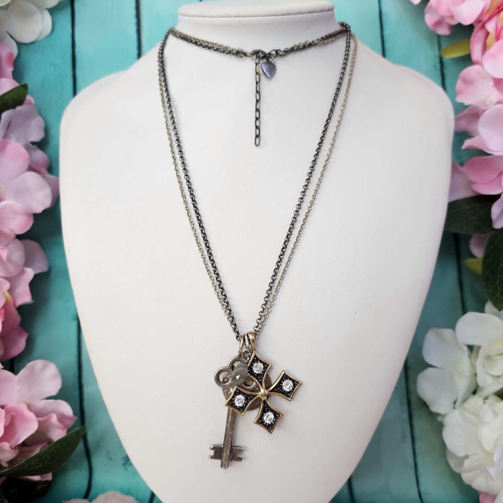 STELLA & DOT Silver Tone Key Cross Charm Pendant Long Chain Necklace