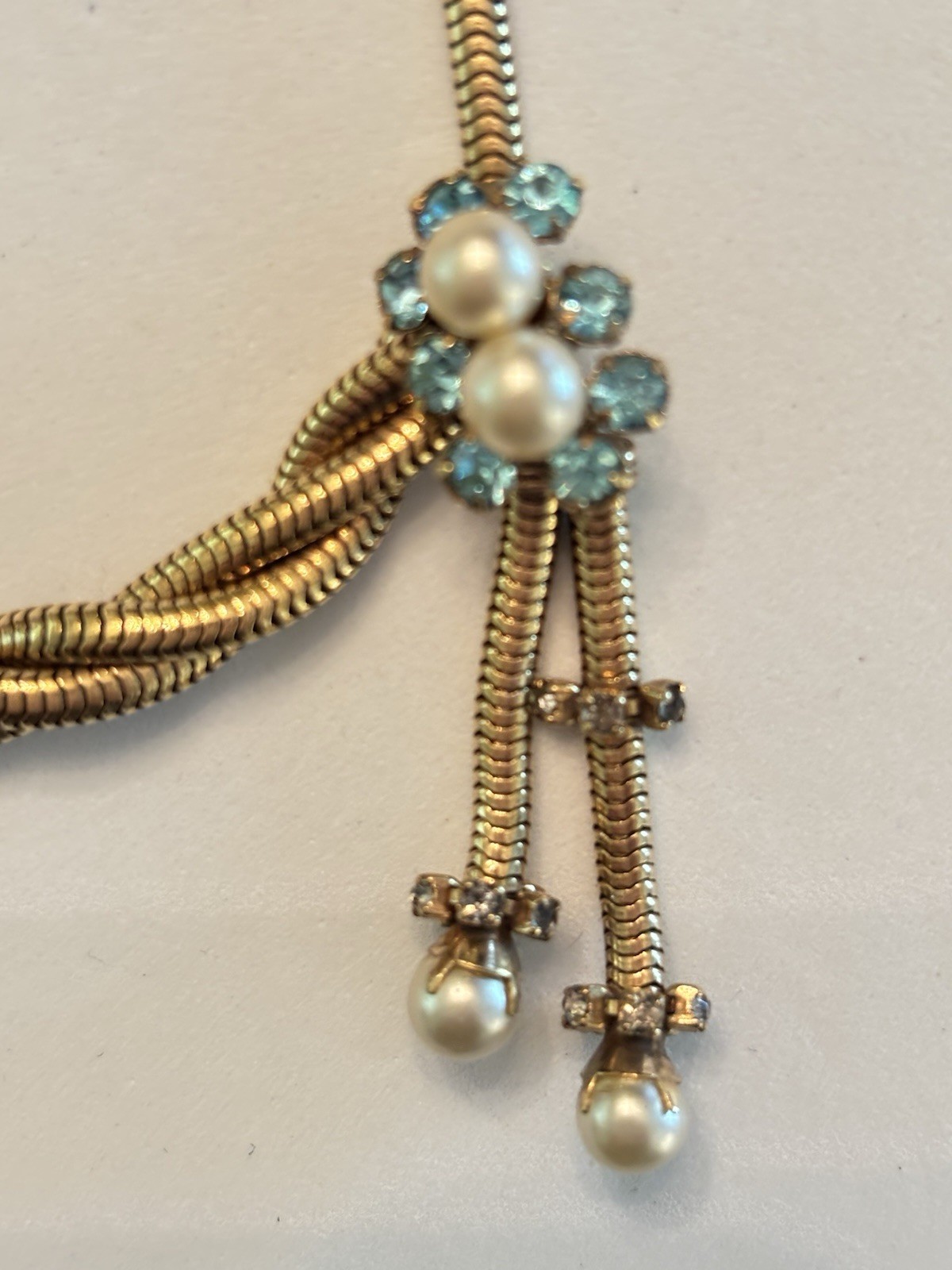 Vintage Gold Tone Festoon Snake Chain Necklace Faux Pearl Aqua Rhinestone 15”