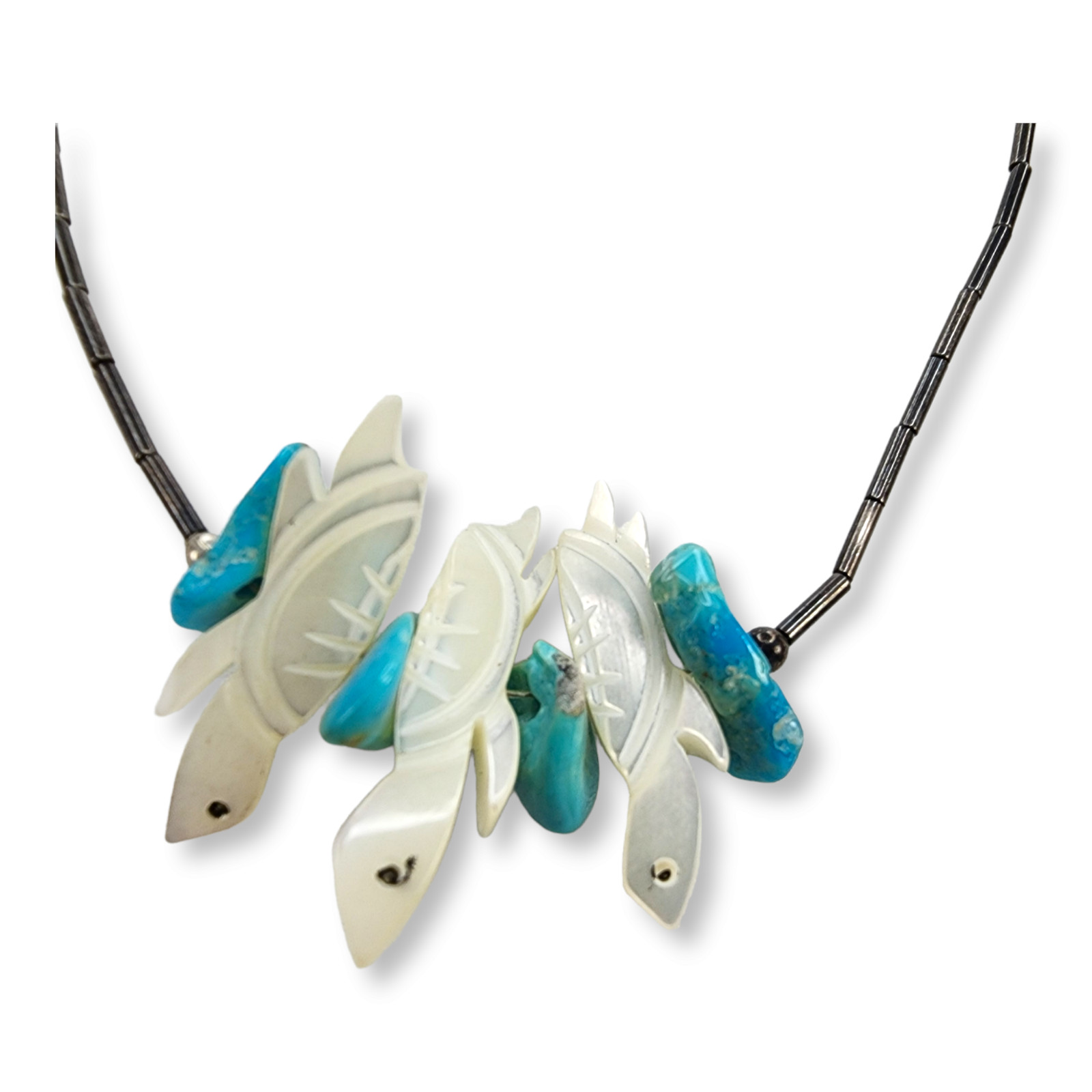 Vintage Sterling Silver 925 Liquid Silver Turquoise MOP Turtle Necklace 16.5 In