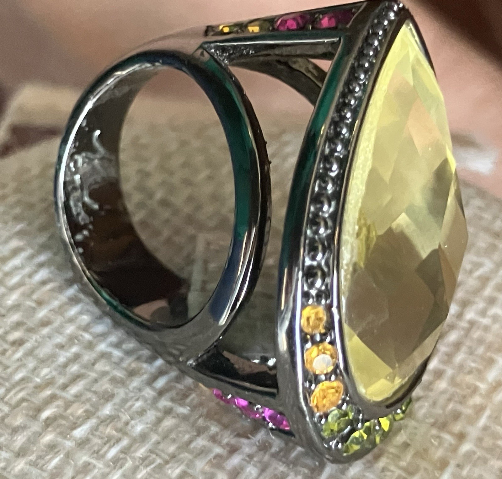 HSN Designer Signed M & CN Multi Gemstone Yellow Teardrop Faceted Cocktail Ring