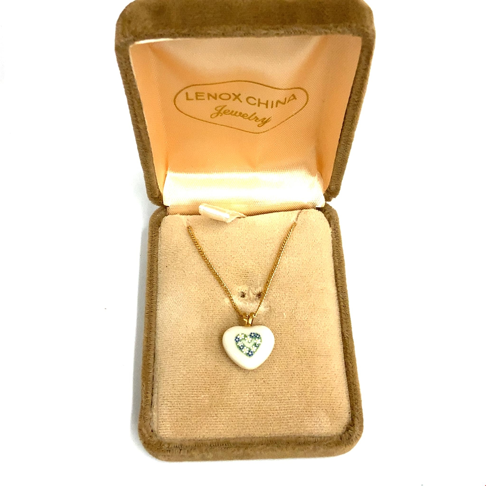 Vtg Signed 14k Gold Filled Lenox Puff Heart Porcelain Pendant Necklace sz 18 1/2