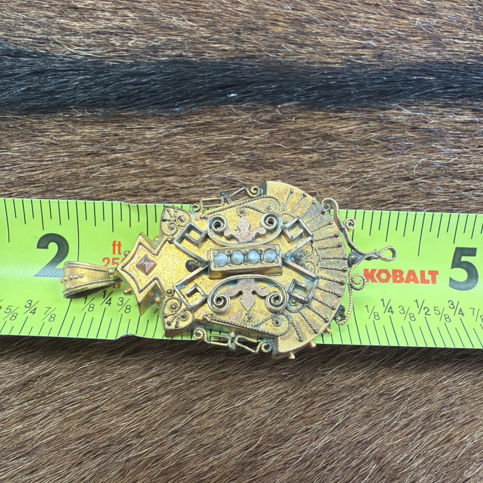 Vintage Late 1800’s Victorian Gold plated seed Pearl Etruscan Pendant/broach