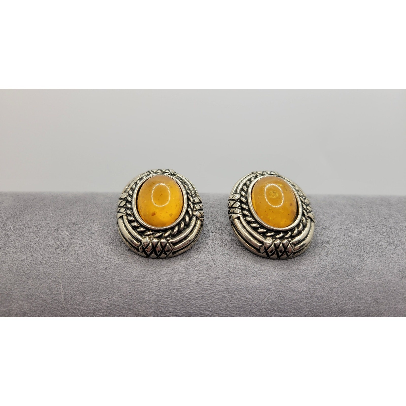 Ben Amun Faux Amber Clip On Earrings Antiqued Silvertone Cabochon Signed Vintage