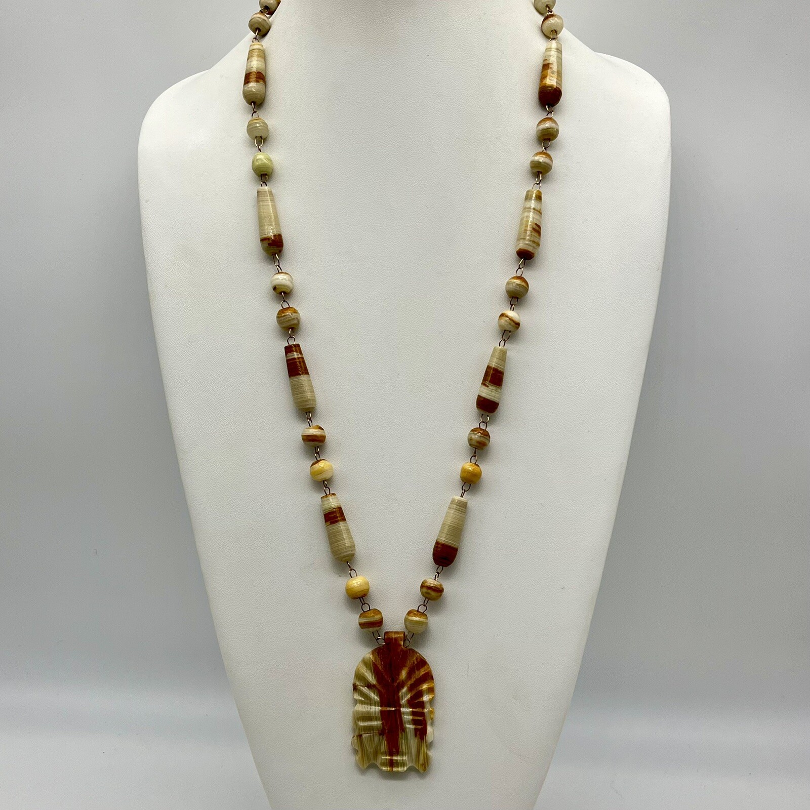 Vintage Aztec Face Pendant Necklace All Stone 28″