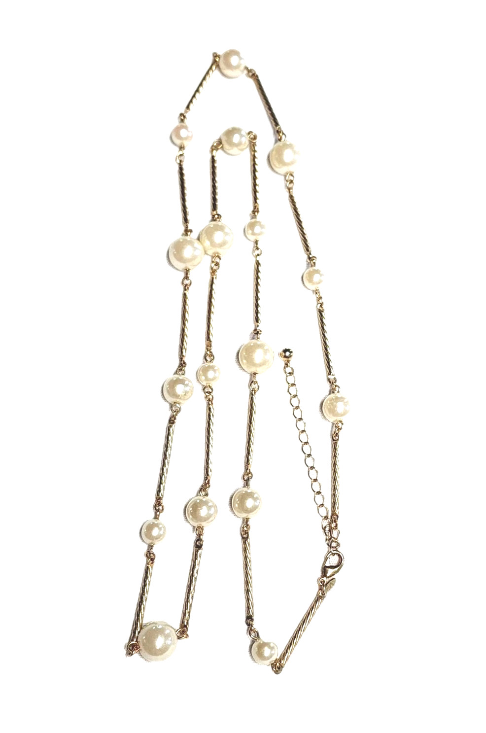 VTG AVON SH Gold Tone Twisted Bar Link & Cream White Faux Pearl Station Necklace