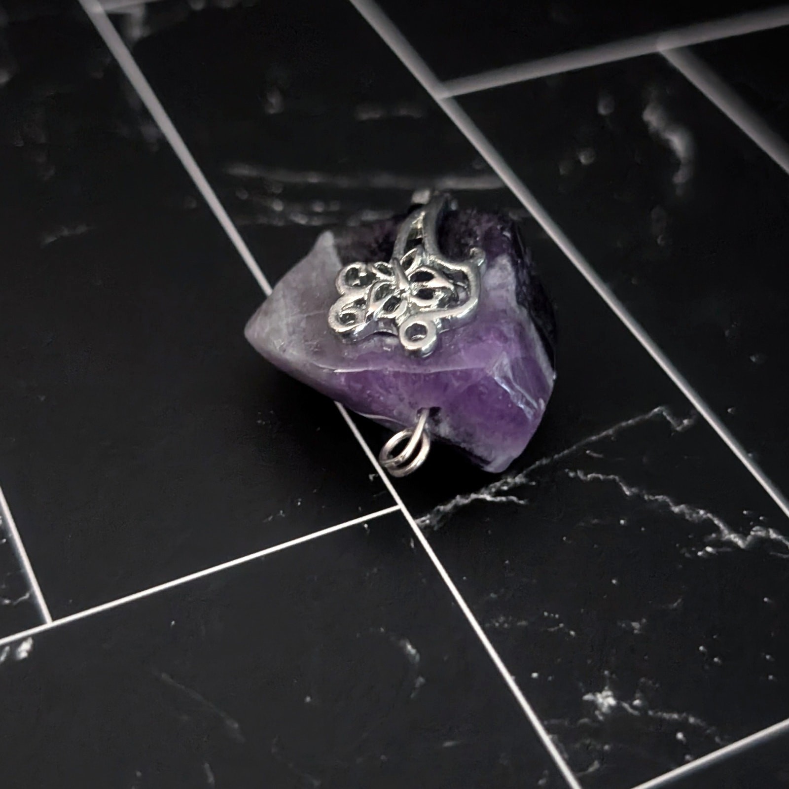 Vintage Pendant Raw Purple Stone with Silver Tone Accent – No Chain Included