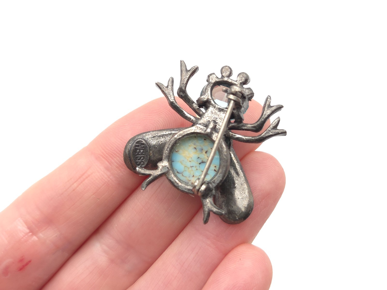 Vintage WEISS Blue Glass Rhinestone Faux Turquoise Bee Bug Beetle Brooch Pin