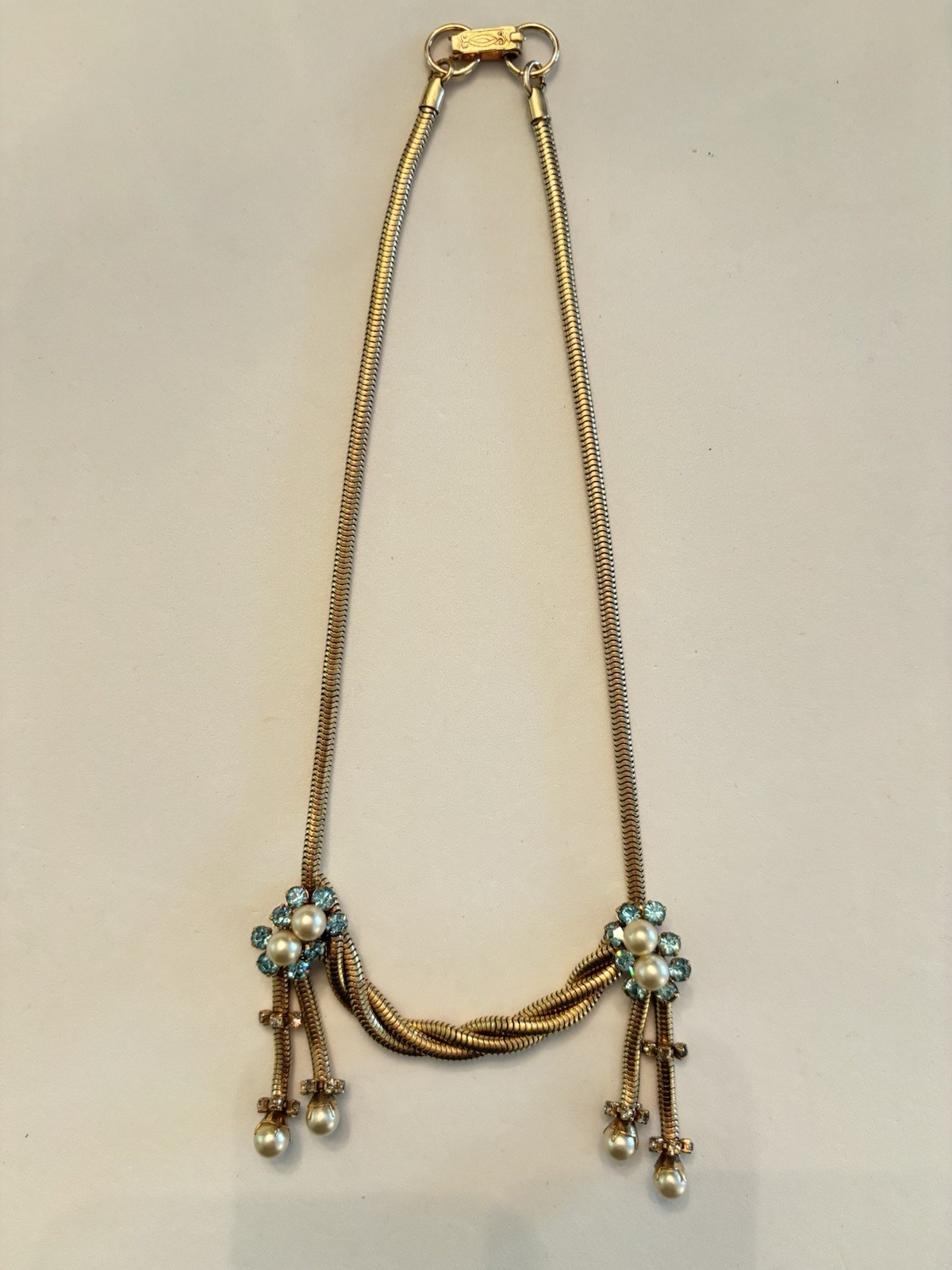 Vintage Gold Tone Festoon Snake Chain Necklace Faux Pearl Aqua Rhinestone 15”