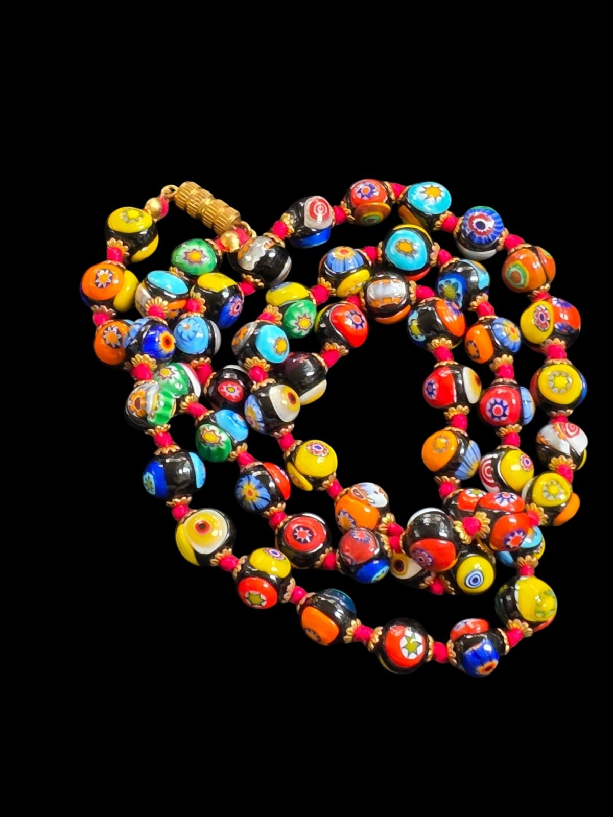 Vintage Multi Color Murano Millefiori Venetian Art Glass Round Beads Hand Knot