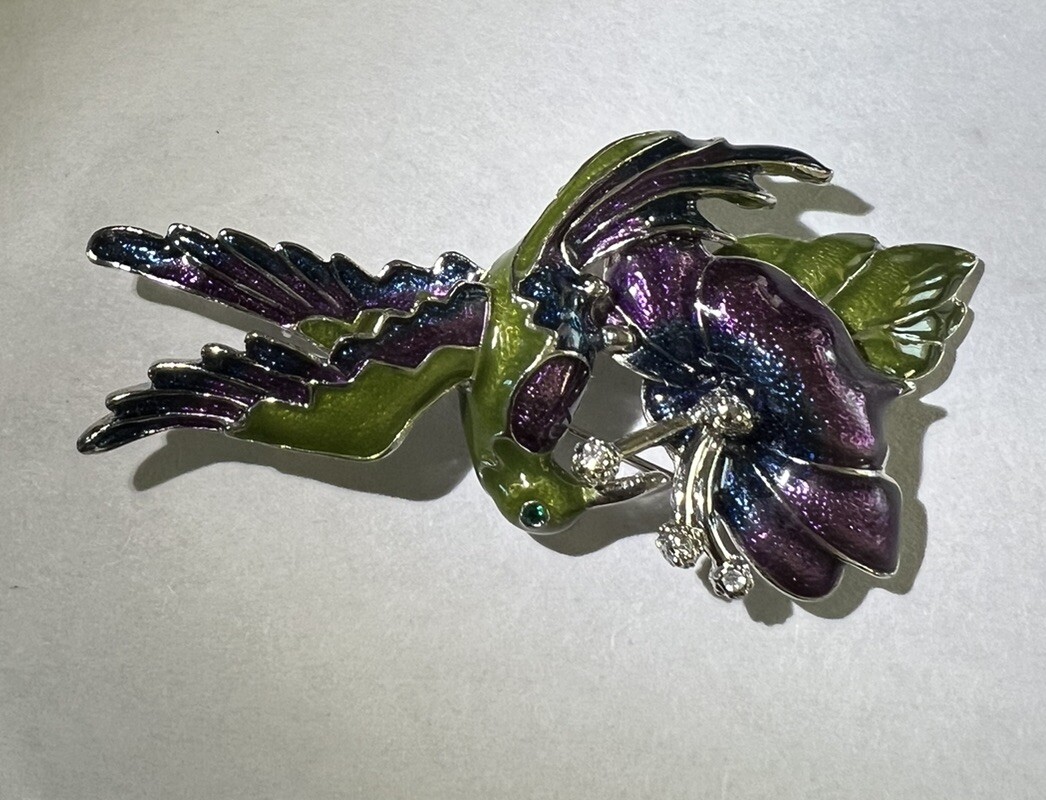 Colorful Hummingbird And Flower Brooch Purple Green And Blue Enamel Silver