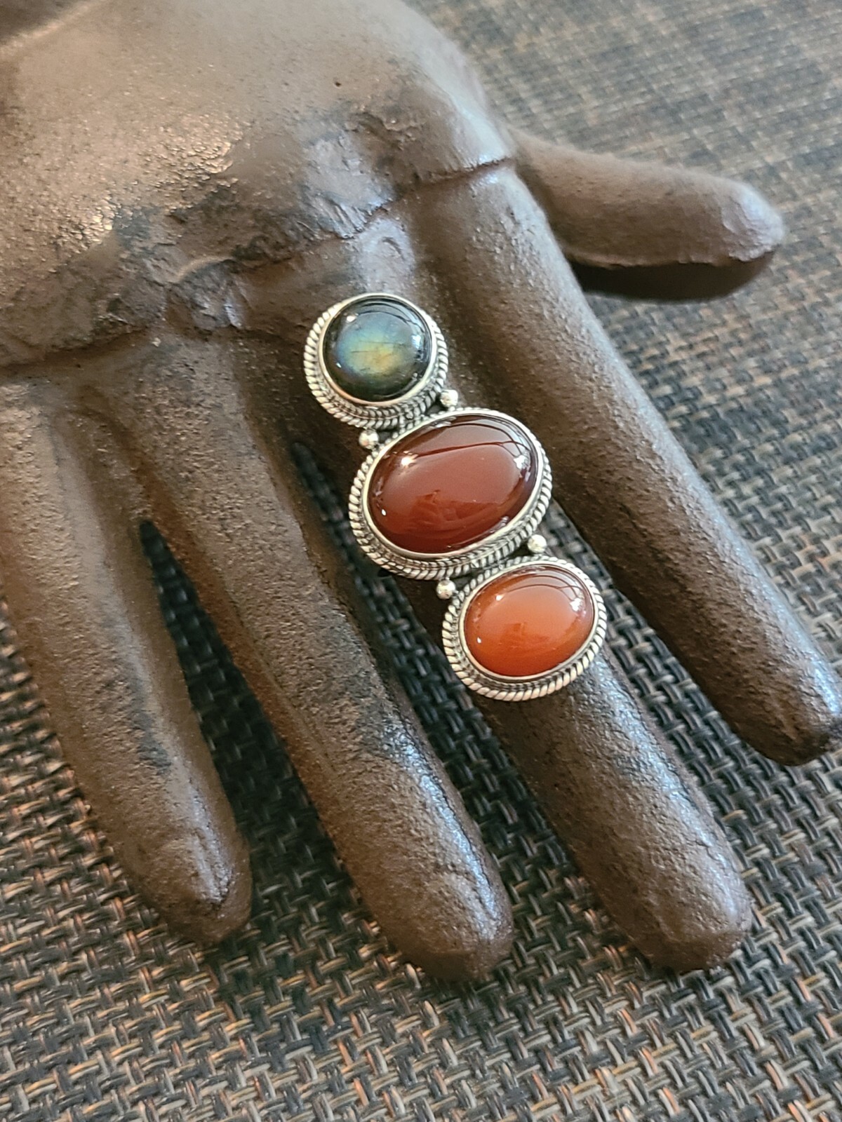 VINTAGE STERLING SILVER RED ORANGE AND LABRODITE STONE RING SIZE 6 39MM WIDE