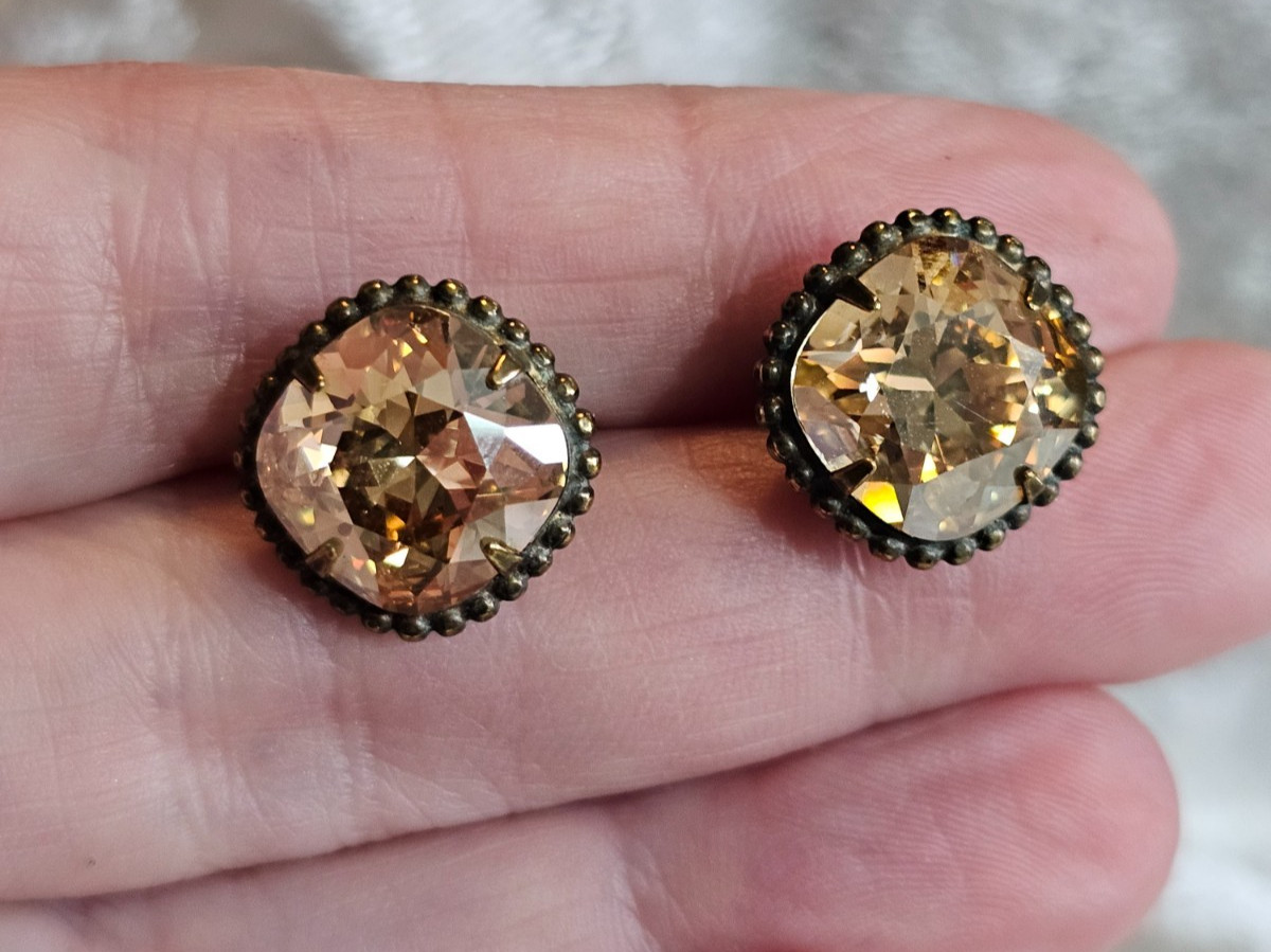 Vintage SORRELLI Pink Cushion Cut Crystal Pierced Stud Earrings