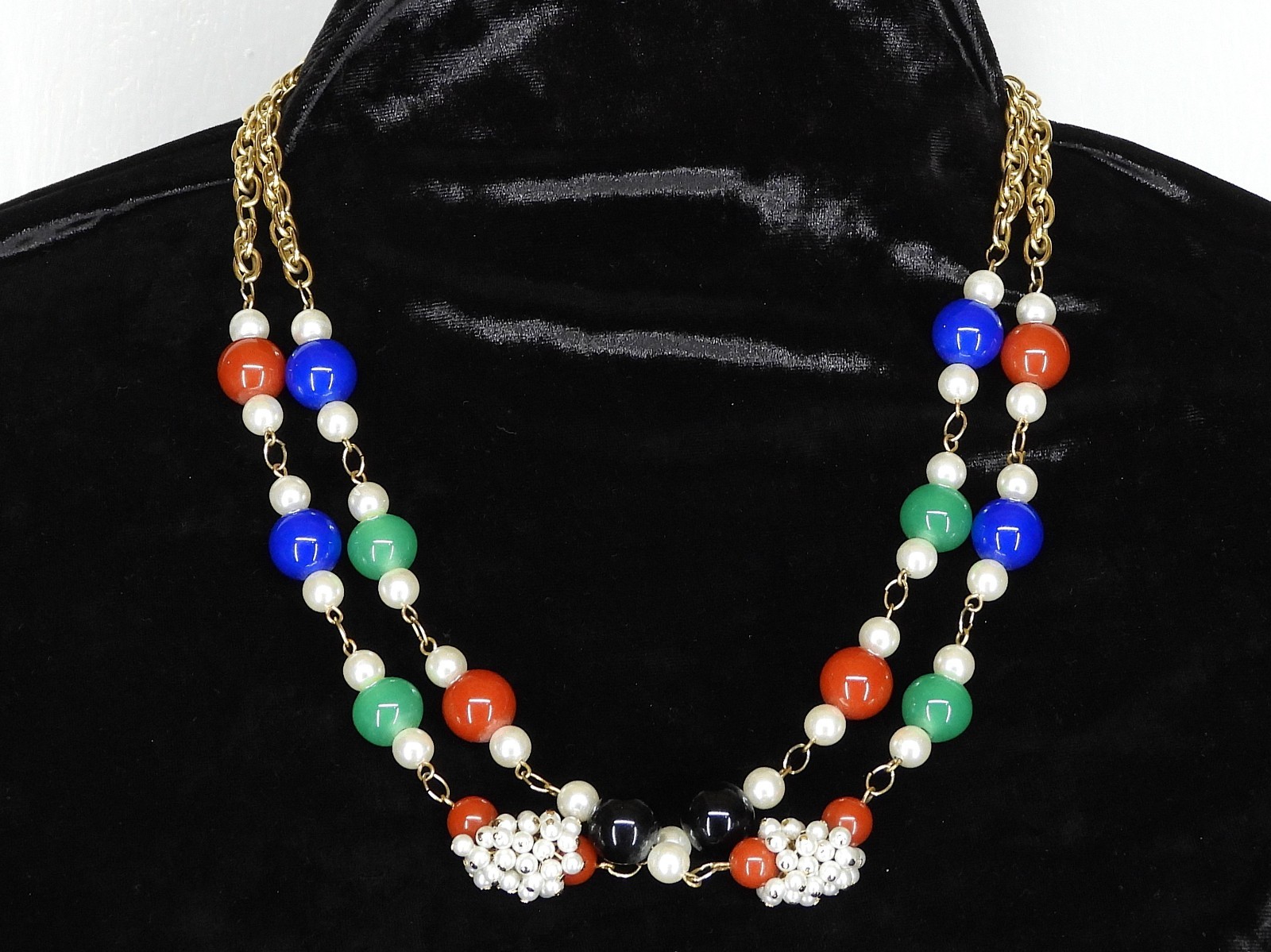 Vintage GEOFFREY BEENE Kramer Long Gold Tone Chain w Red Blue Green Pearl Beads