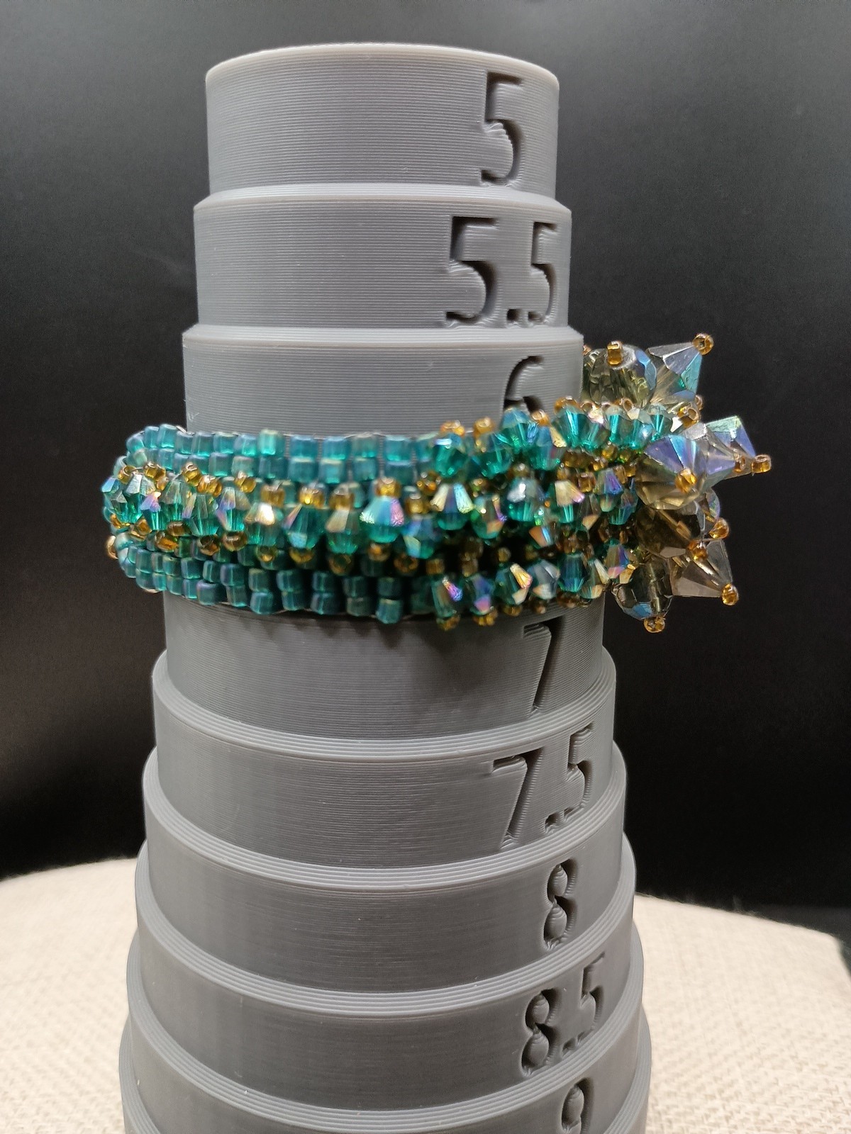 Vintage AB Peacock Beaded Bracelet Cha Cha Party Bow Bicone Glass Blue Green 7″
