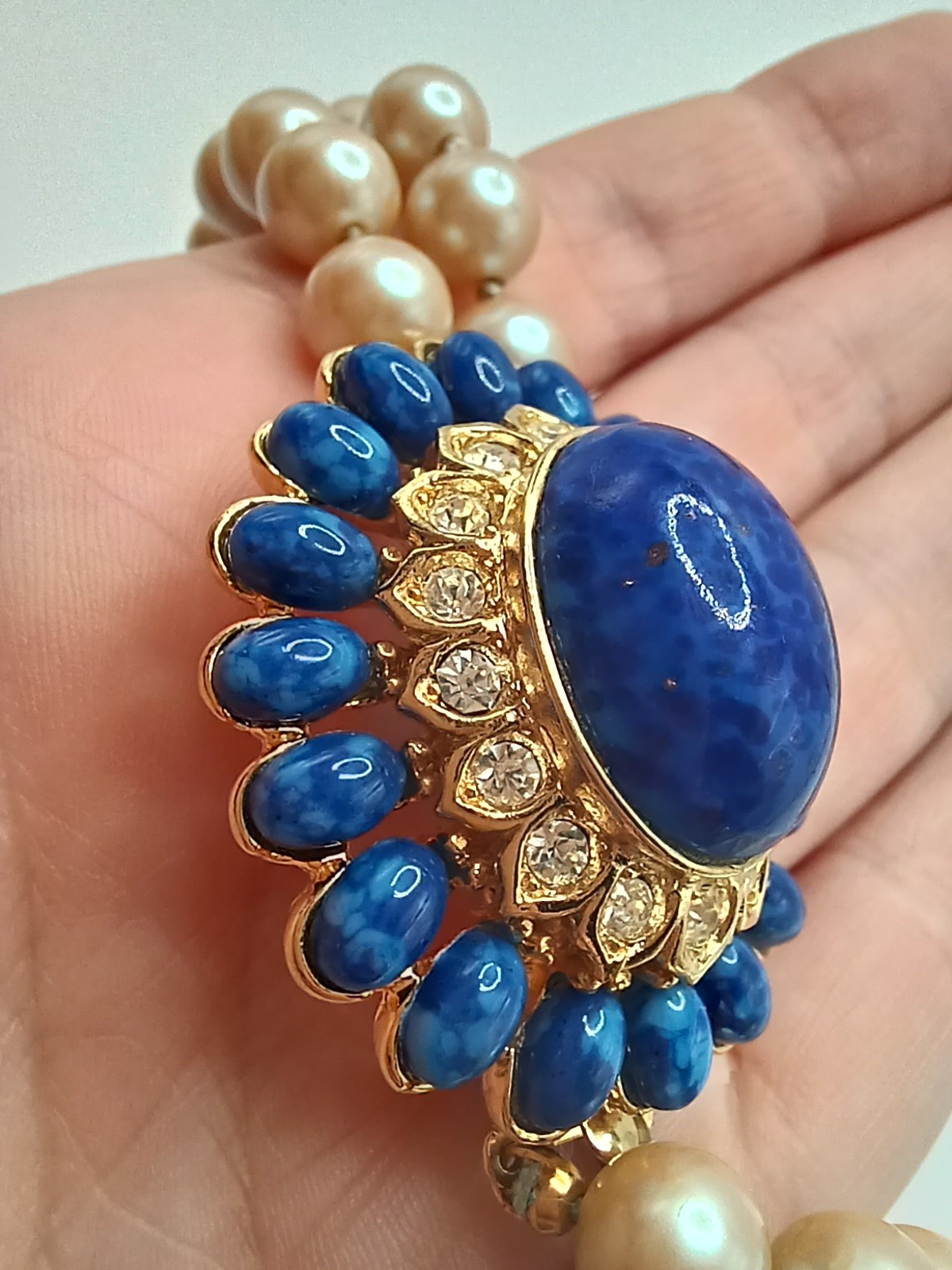 Vintage Set faux Lapis Lazuli mottled Glass Necklace pearl dome cabochon mogul