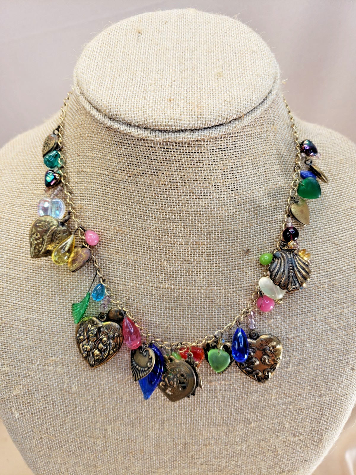 Vintage Ornate Hearts and Glass Charms Necklace Glass Works Studio Style AS IS