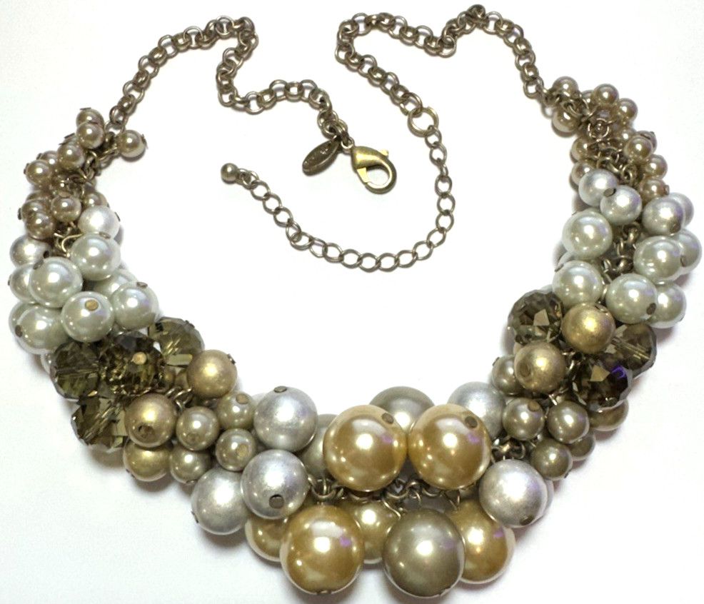 Vintage Necklace SIGNED LIA SOPHIA Chain Cluster Beaded Glass Faux Pearl Gold 8