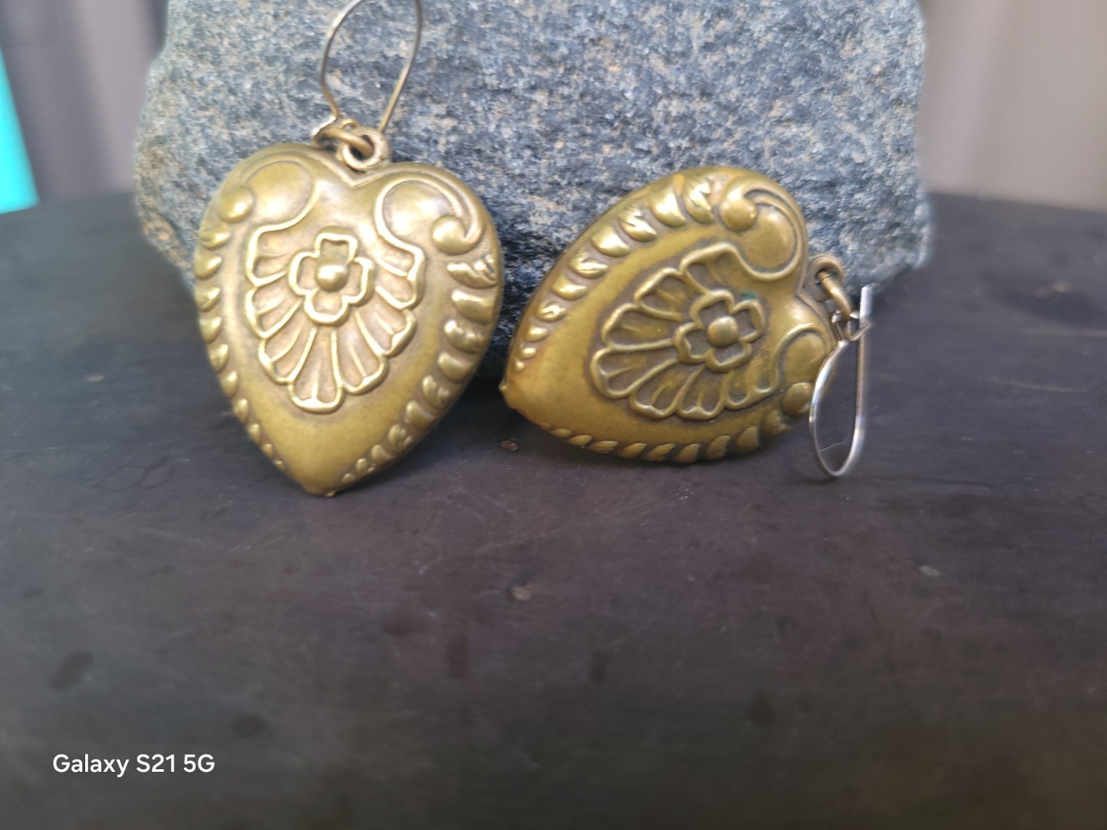 Vtg Pididdly Links Dangle Earrings Brass Puffed Hearts Nouveau Victorian Ornate