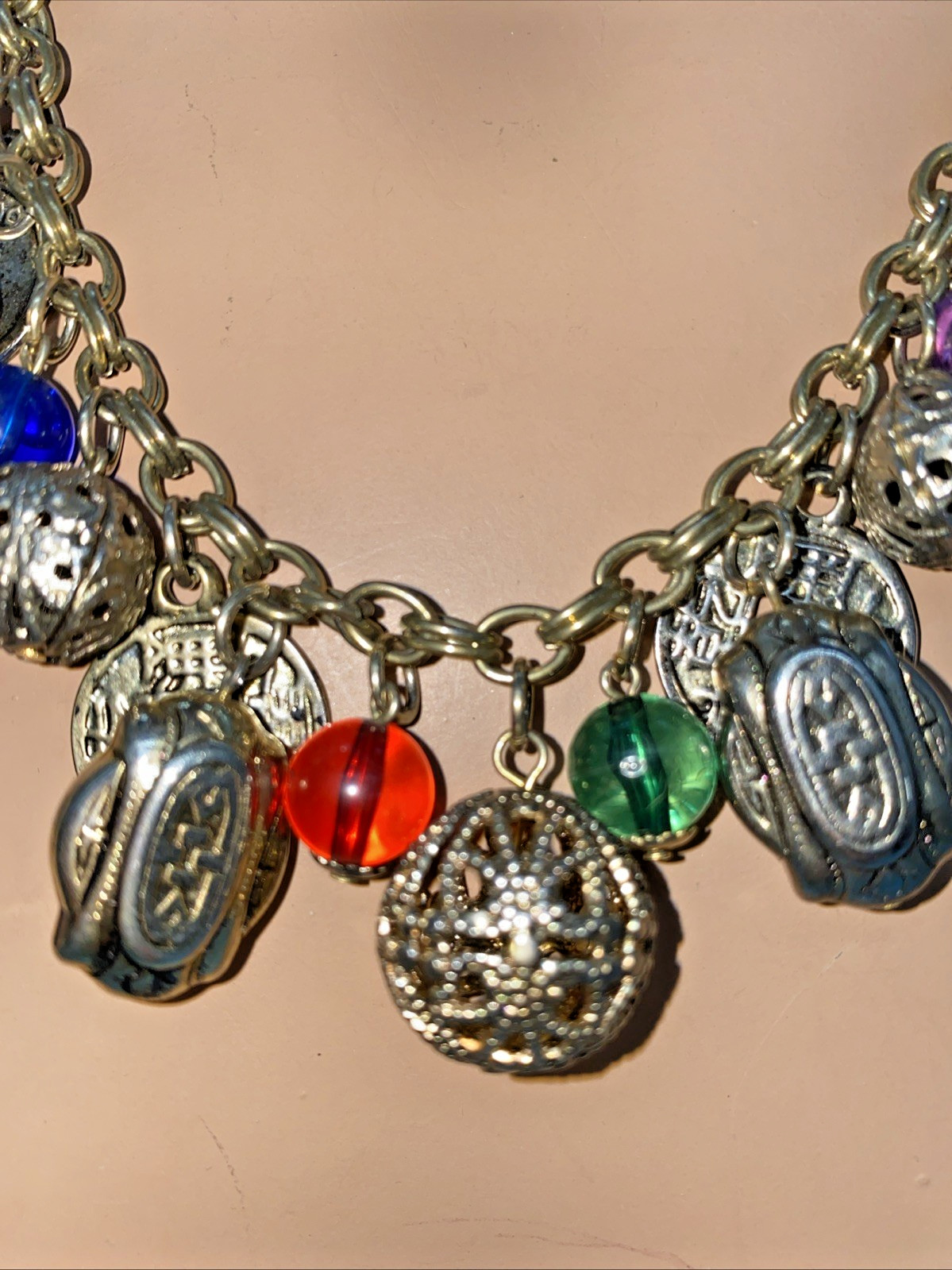 Oriental Charm Choker 20” Necklace Silver-Tone Chain Faux Coins Beads VTG