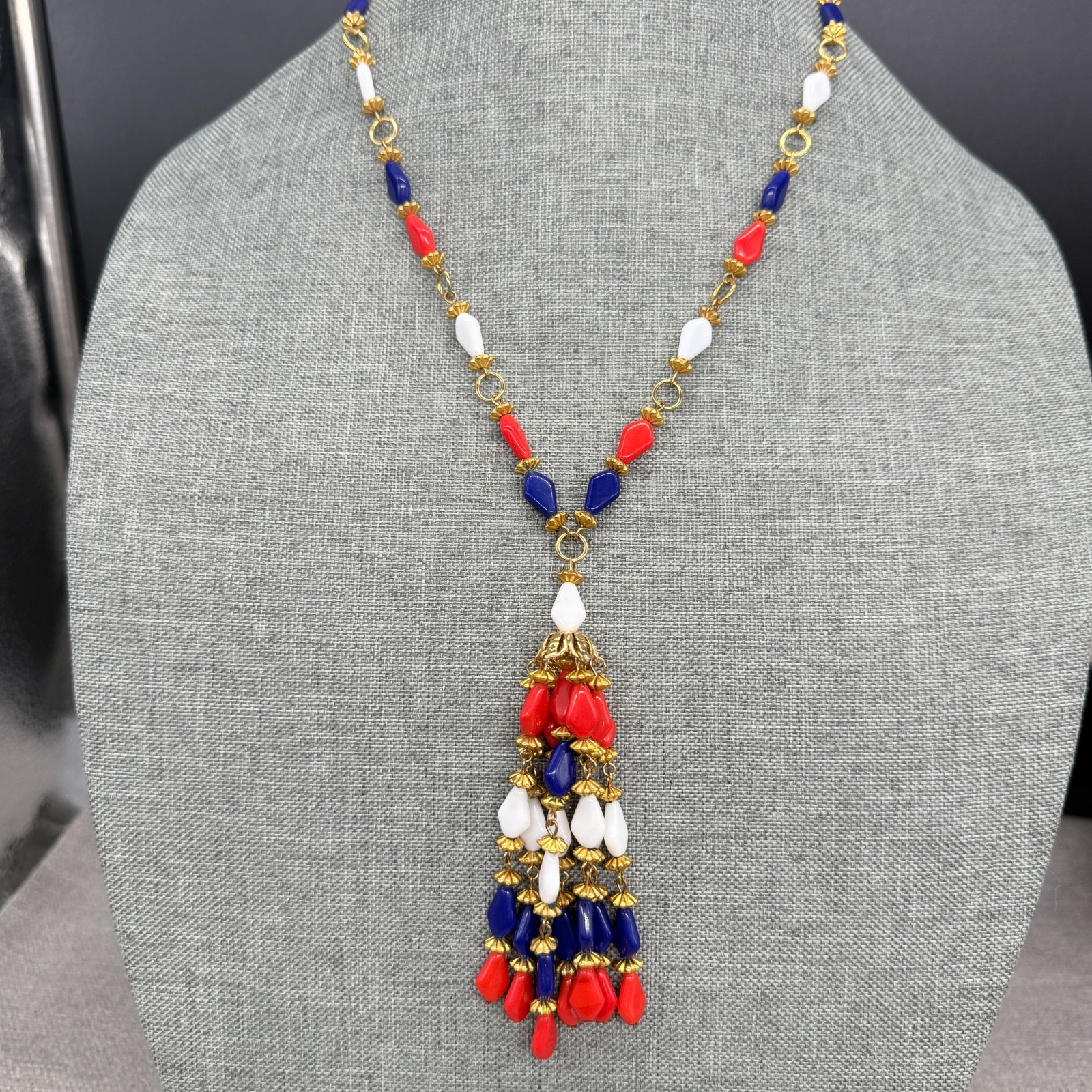Vintage Necklace Tassel Dangles Red Blue White Acrylic Beads Retro 24 Inches