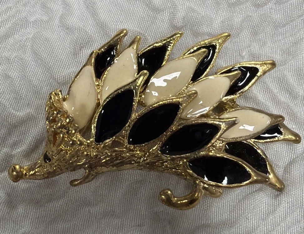 Vintage Gold Tone Enamel Hedgehog Brooch