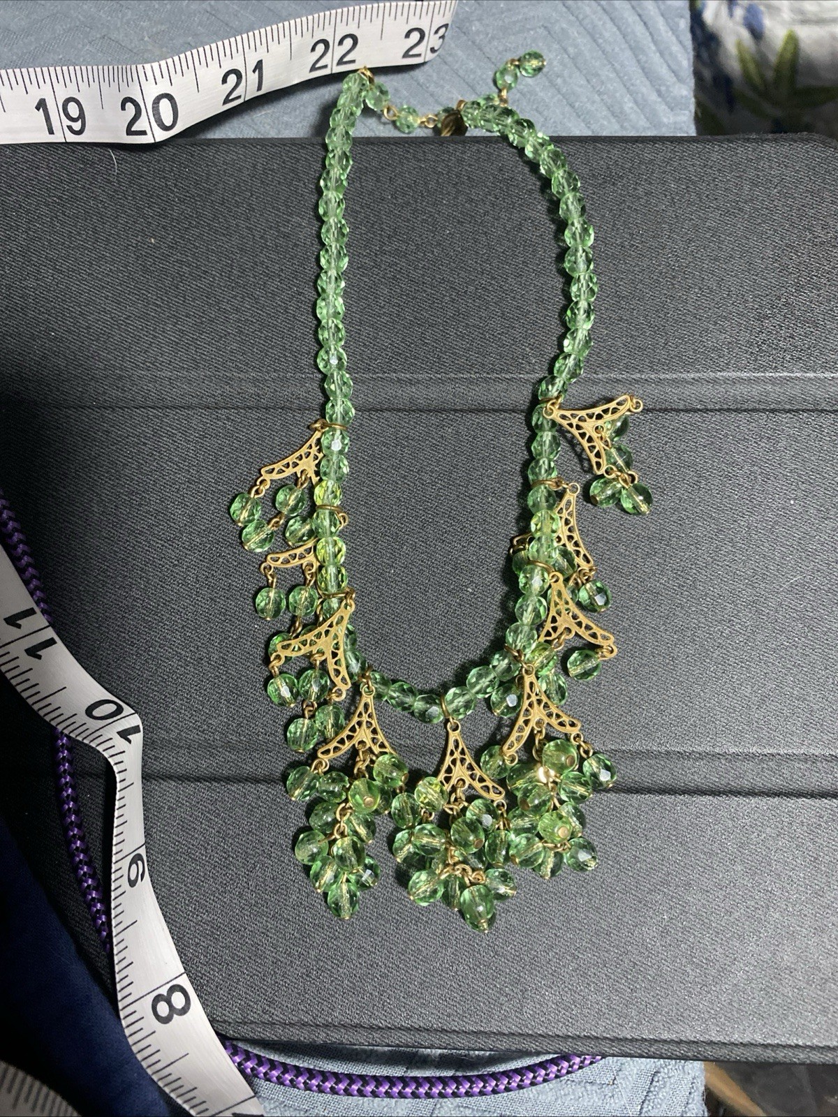 Vintage MIRIAM HASKELL Green Faceted Bead Fringe Adjustable Necklace