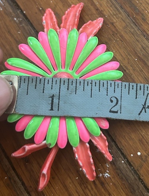 Vintage 1960s Brooch Pin Flower Enamel Lime Green Hot Pink