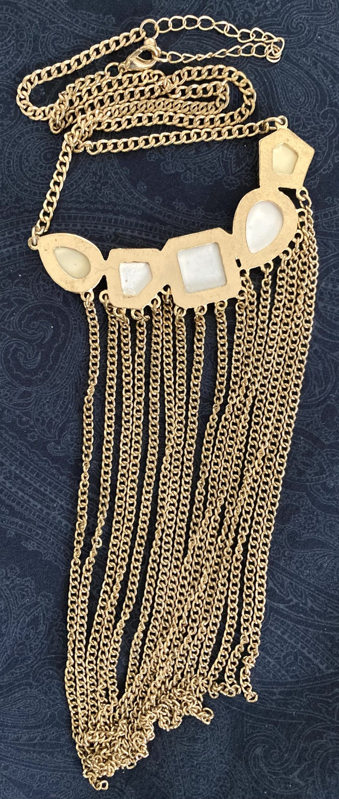 Statement Bib Fringe Necklace Gold Tone Chain Iridescent Yellow Faceted Beads