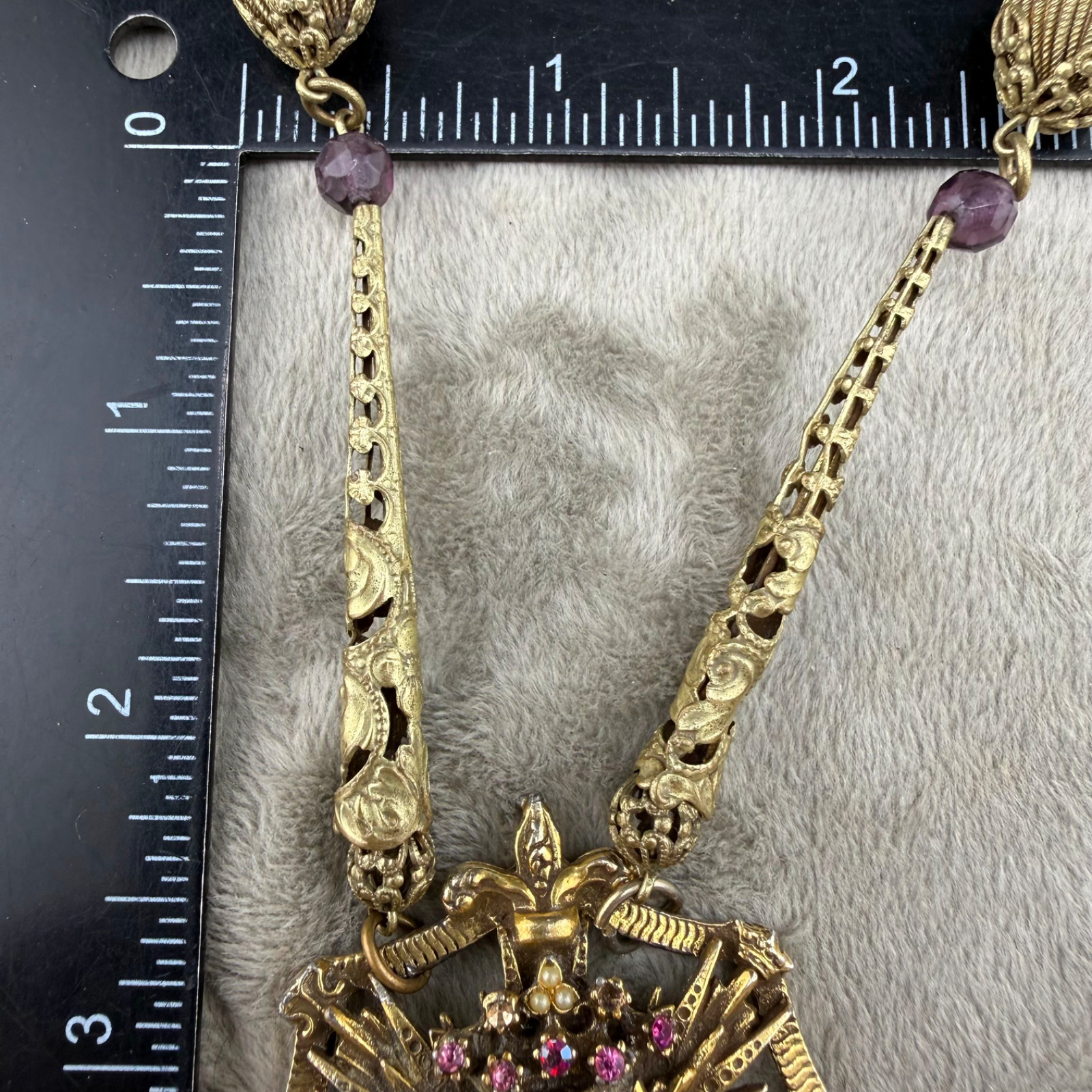 Vintage Masonic Medallion Necklace Gold Tone Filigree Chain Rhinestone READ 28”