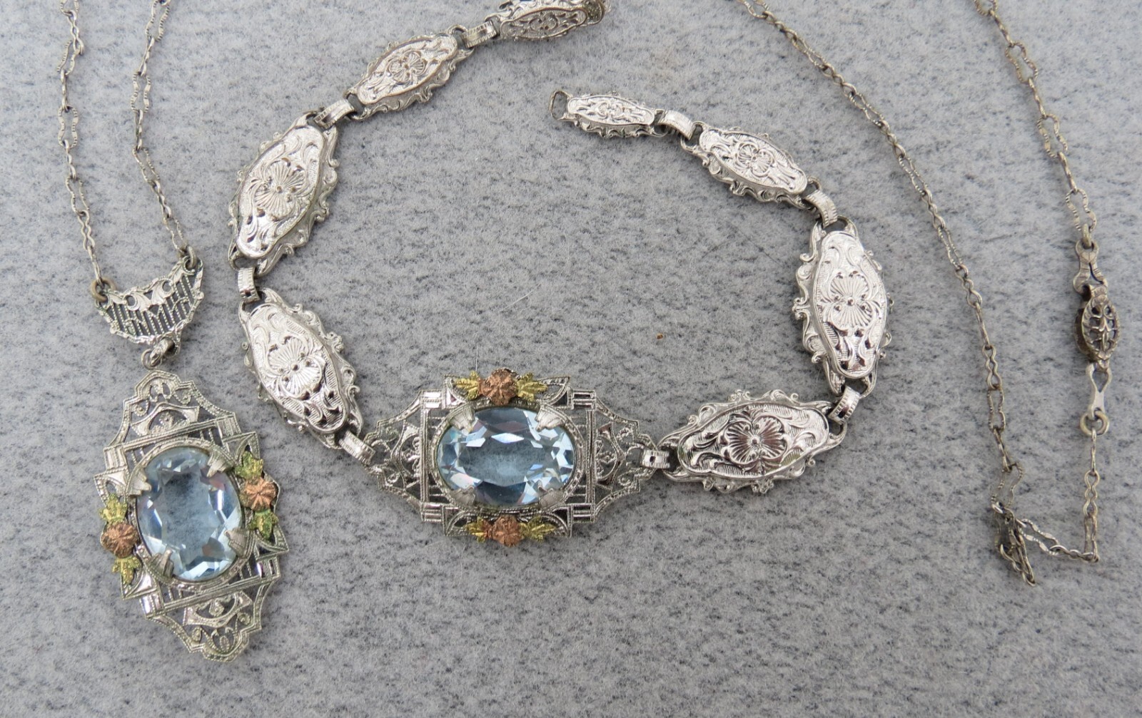 Antique Necklace Bracelet Silver Filigree Purple Stones Rose Gold Accent Flower