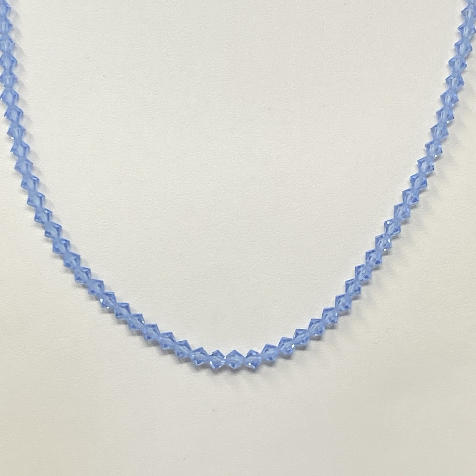 Light Blue Glass Beaded Necklace Bicone Faceted Shiny Fire Polished Vintage 24″