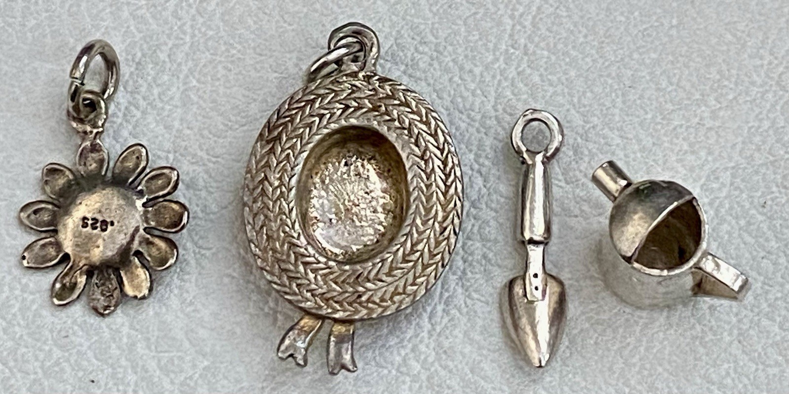 Vintage Sterling Silver Gardening Charms Straw Hat & Sunflower Spade Water Can