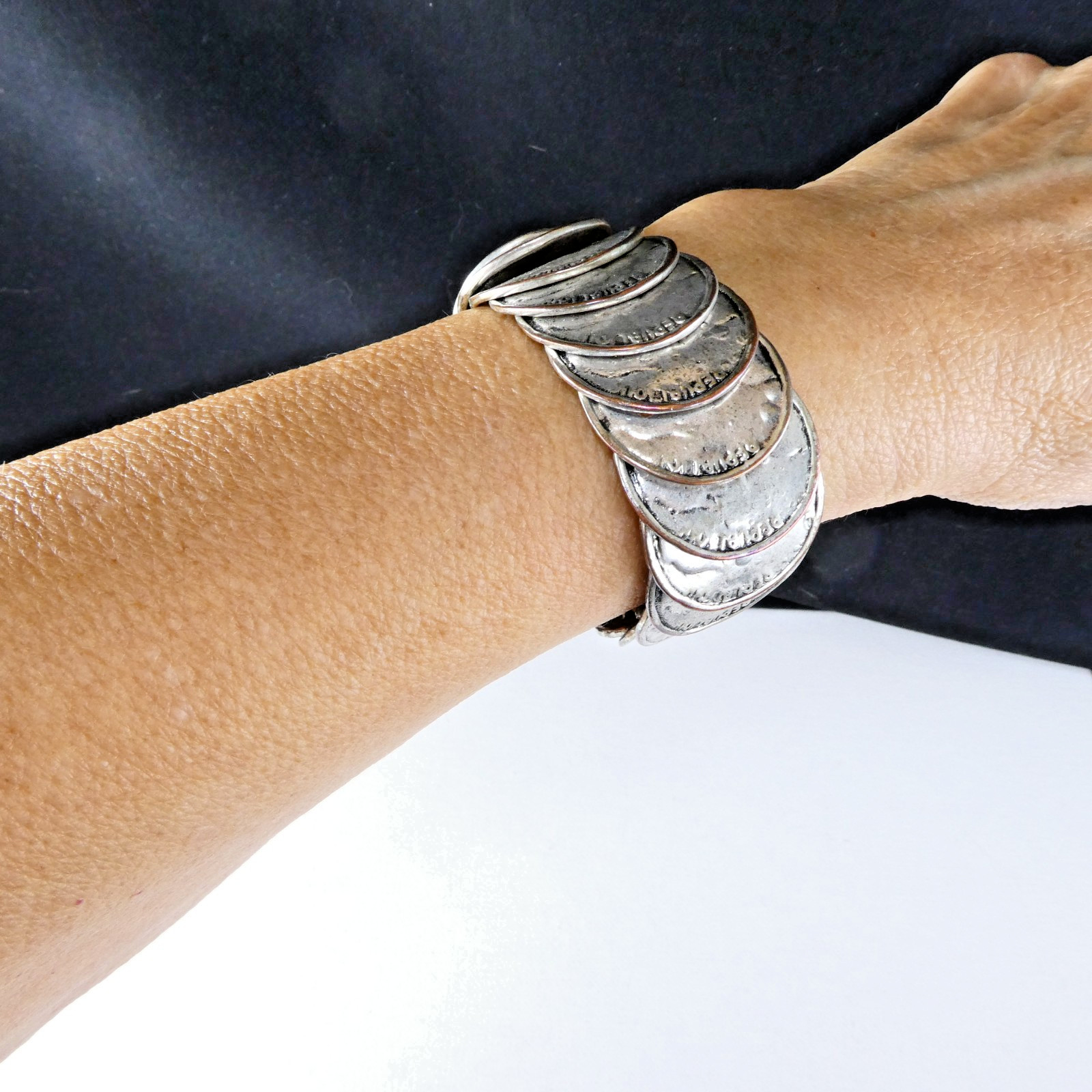 Vintage Silver Souvenir COIN Bracelet Stretch Expansion Large Coins Nice Quality