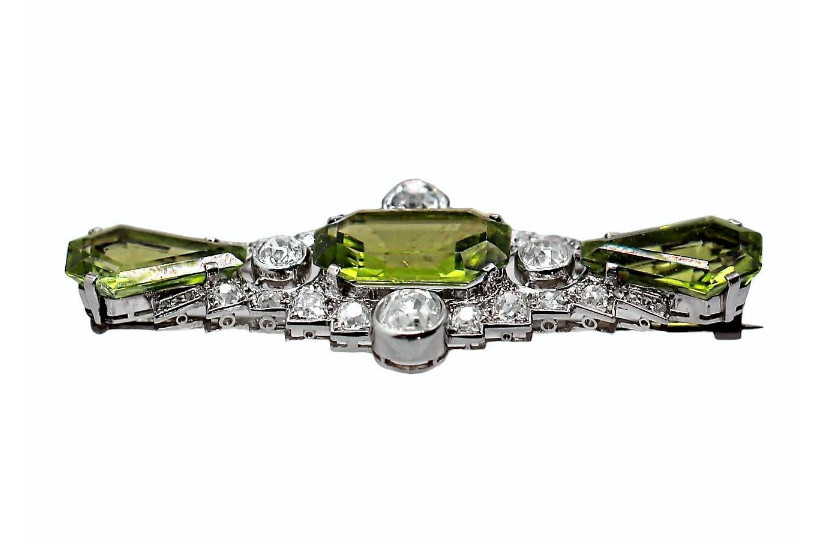 Beautiful Vivid Green Peridot & Lab-Created White Diamonds Art Deco Brooch Pin