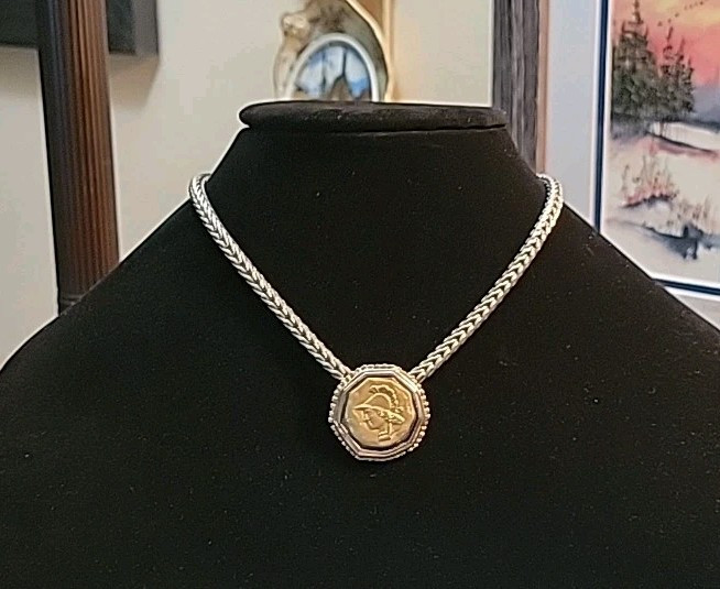 Faux Greek Roman Coin Necklace Choker Collar Foxtail Link Gold Silver Tone