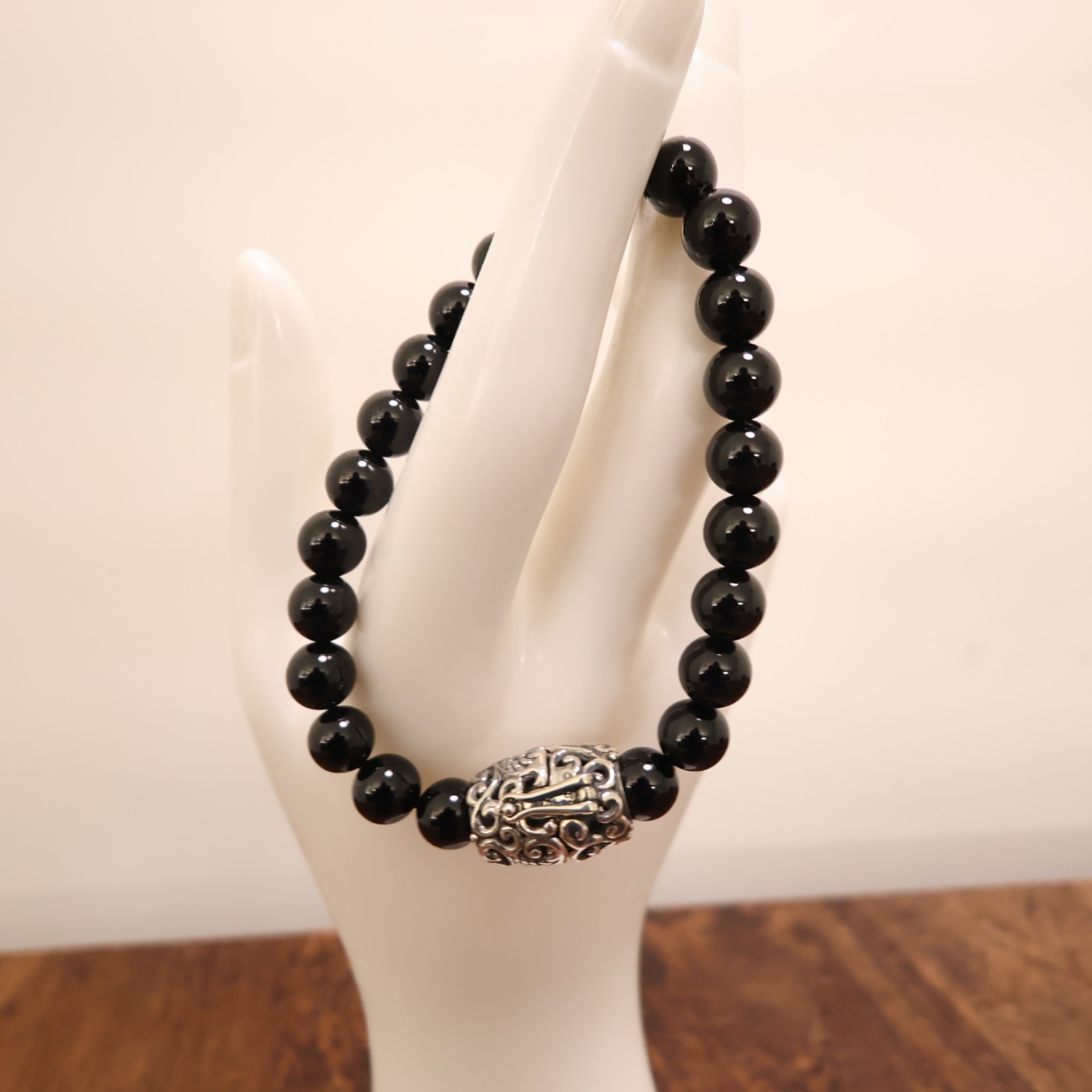 Carolyn Pollack bracelet Relios black onyx beads silver magnetic clasp 6.75in