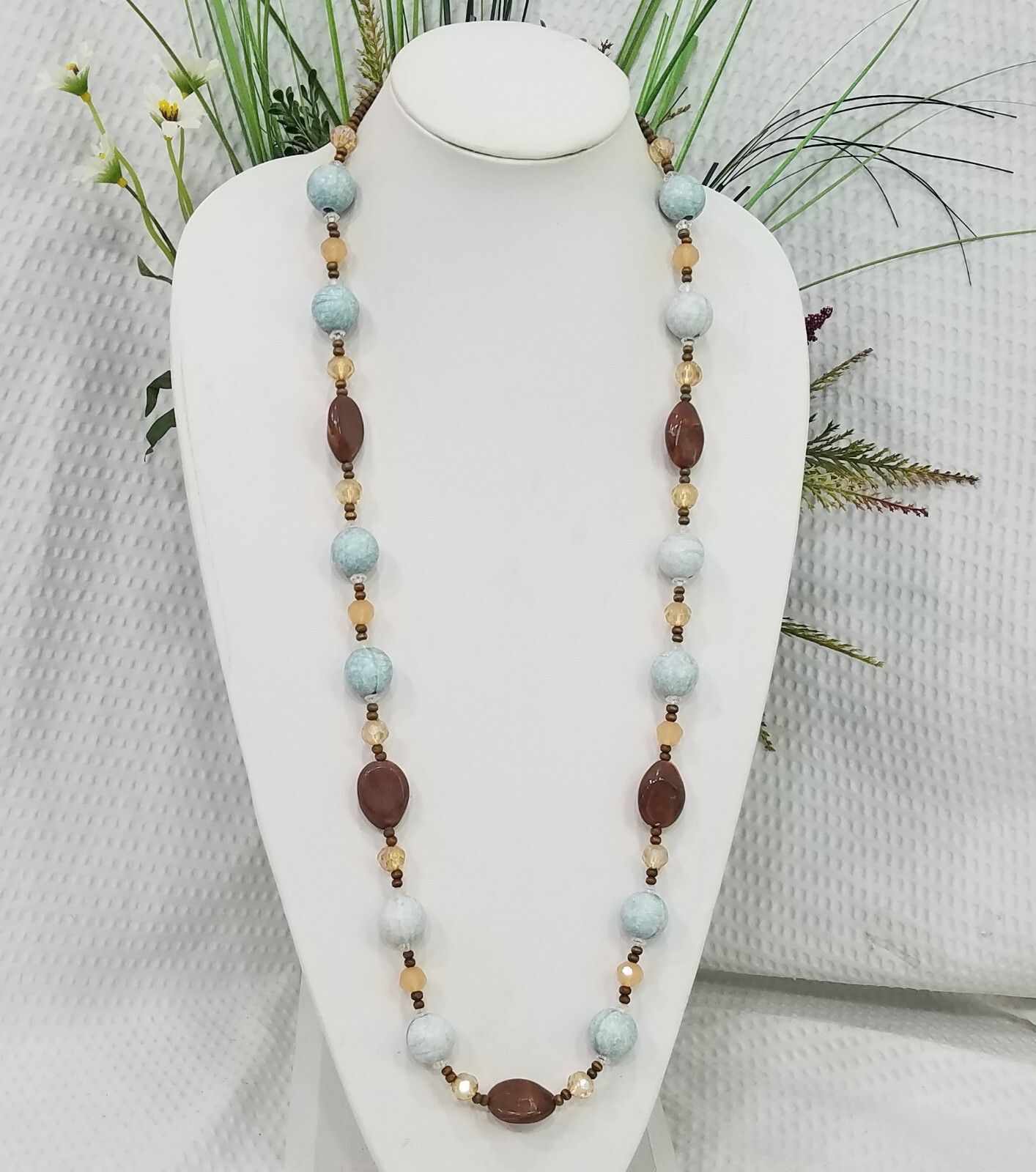 Acrylic Brown Beige Crystal Pale Aqua & Brown Seed Bead 36″ Long Necklace