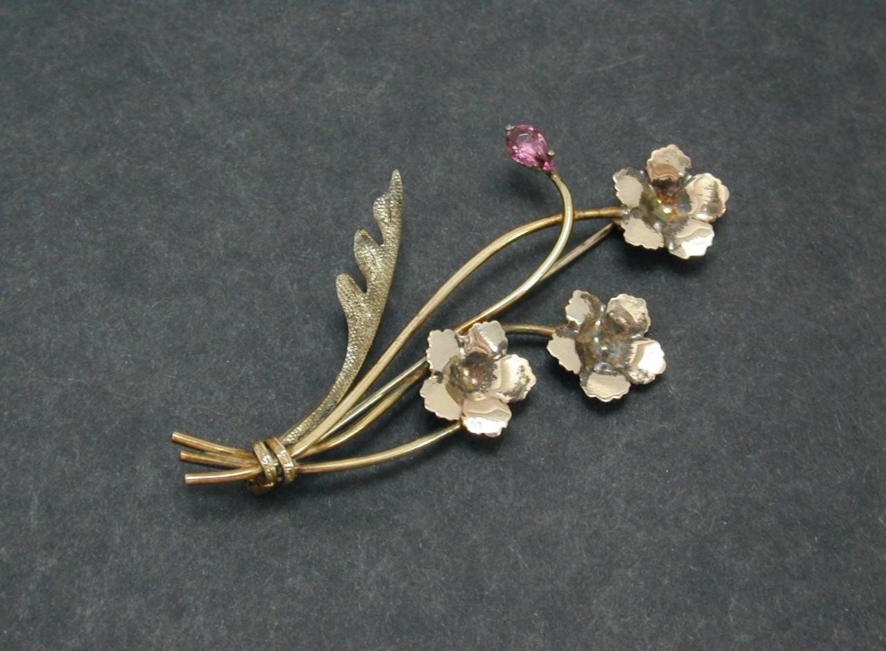 Vintage AMCO 1/20 10K Gold Filled Amethyst? Flower Bouquet Brooch Pin GF Floral