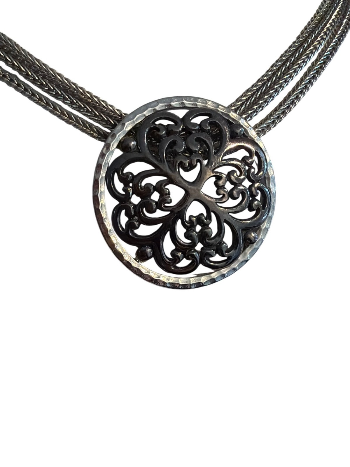 Silver Tone Black 3 Chain Pendant Necklace Collar Filigree Slide Adj 18″ Estate