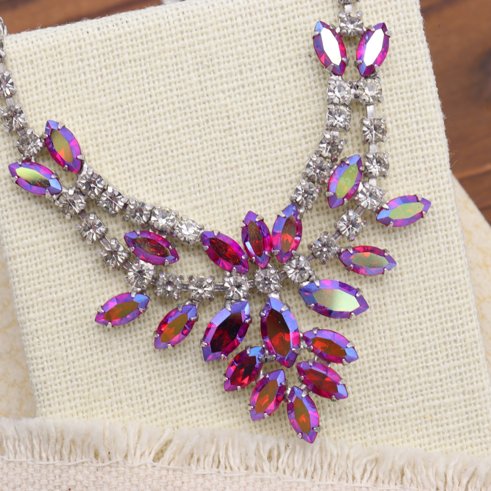 Vtg B. David Rhinestone Necklace Pink AB Red Clear Choker Signed Marquise