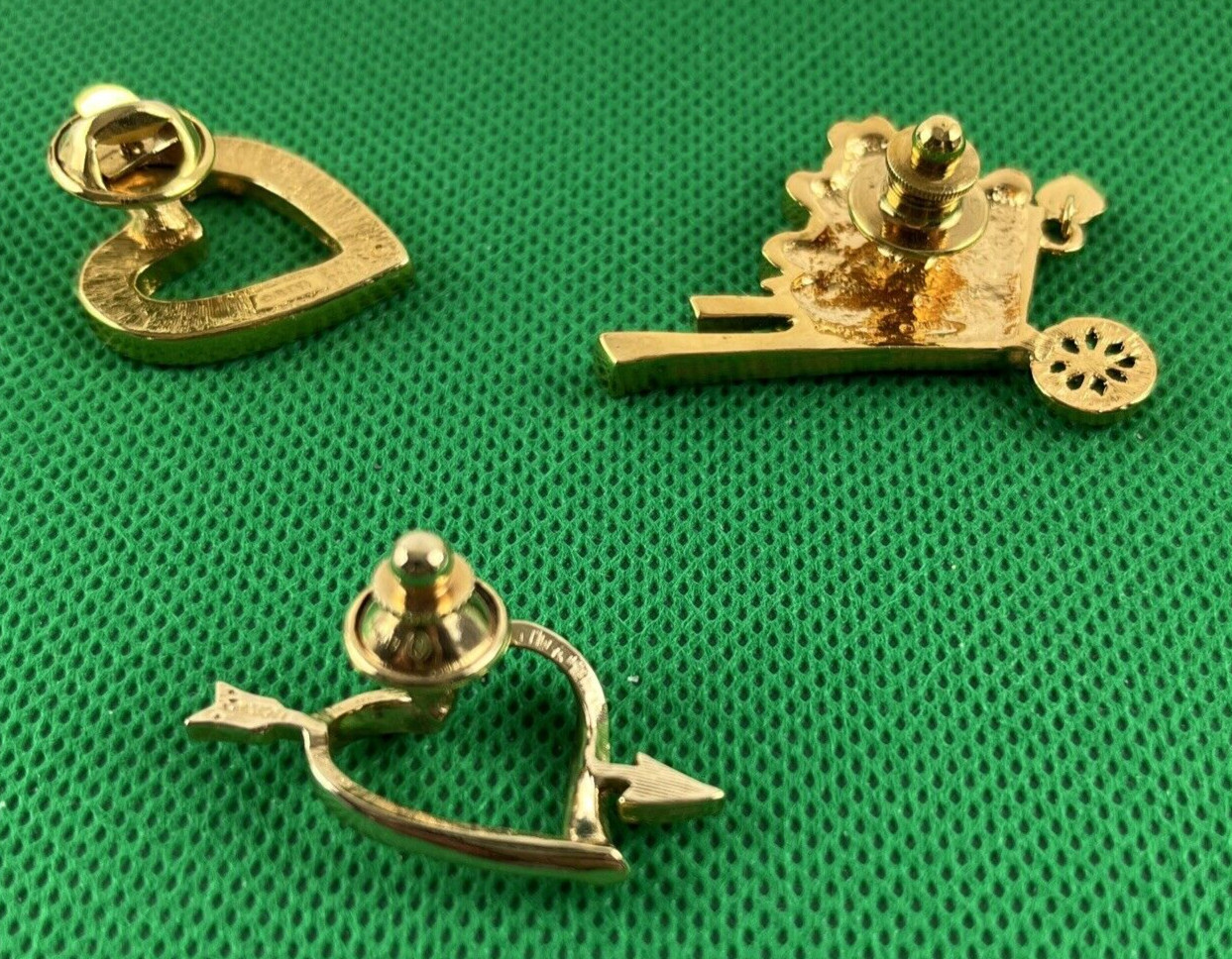 3 Vtg Avon Gold Tone Pins 2 Hearts 1 Wheelbarrow Enameled Gardner Of Love Hearts