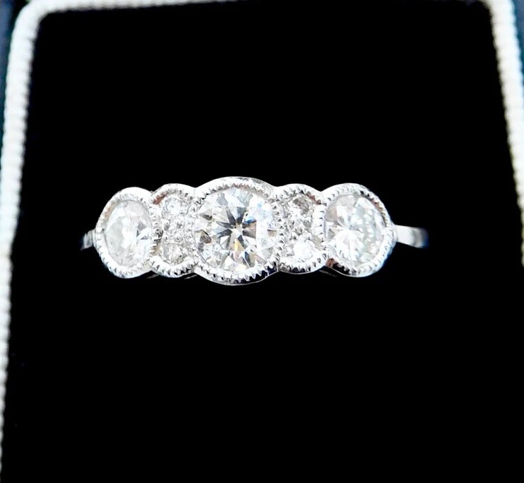 1 Ctw White Round Simulated Diamond Three Stone Art Deco Style 925 Silver Ring