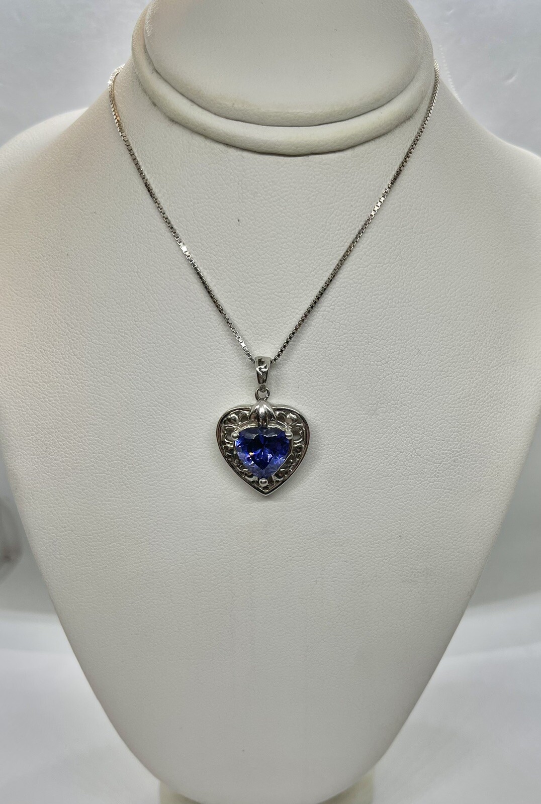 Vintage Bluish Purple Heart Shaped Stone on Sterling Heart Pendant Necklace 17”