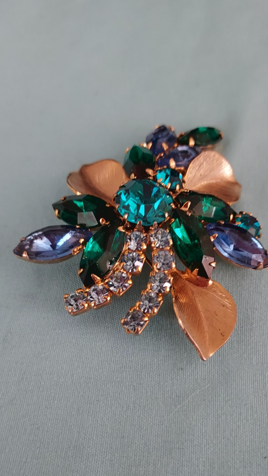 Juliana Delizza Elster Brooch Green And BLUE Rhinestone AB Beads Gold Pin